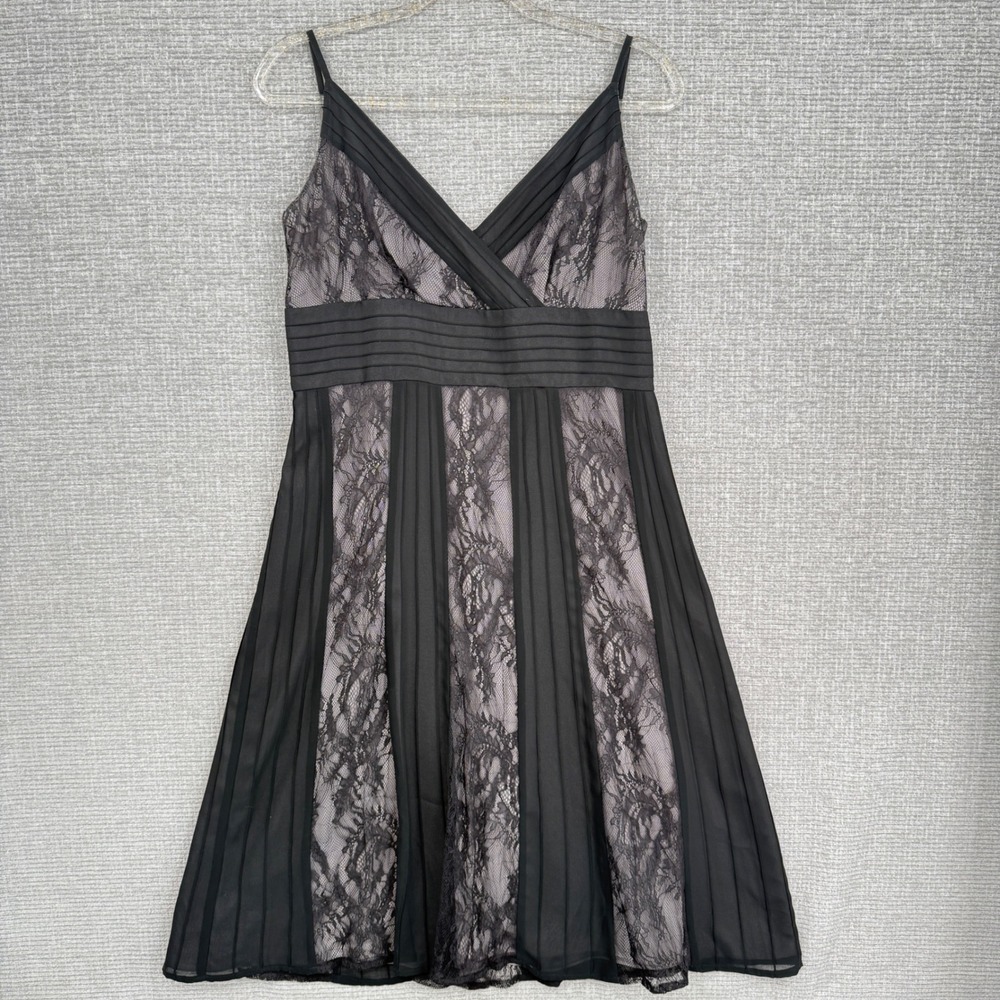 Ann Taylor LOFT Lace Pleated Fit Flare Dress Womens 10 Black Cocktail Whimsigoth